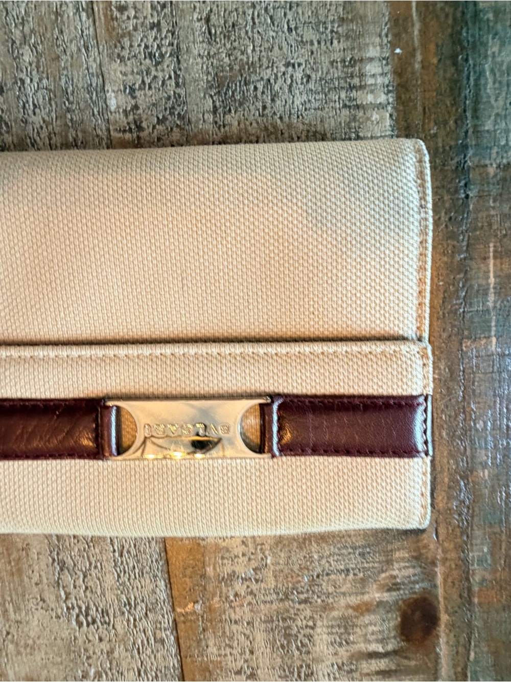 Bulgari Beige Canvas Wallet with Brown Leather Trim and Gold Plate